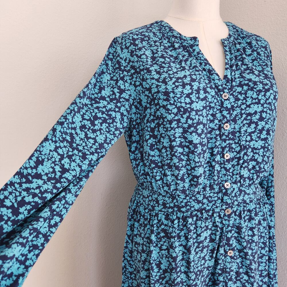 Vintage LOFT Blue Floral Long Sleeve Button Down A-Line Midi Dress L - Picture 4 of 12
